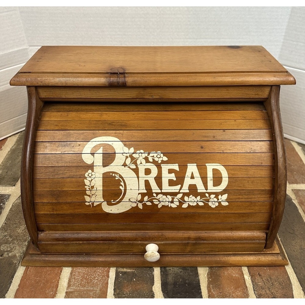 Vintage Roll Top Wooden Bread Box White Lettering Primitive Rustic Farmhouse